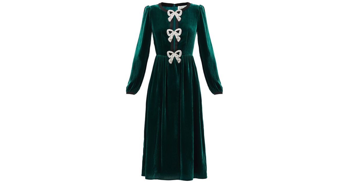 Saloni Camille Crystal-bow Velvet Midi Dress in Green | Lyst Canada