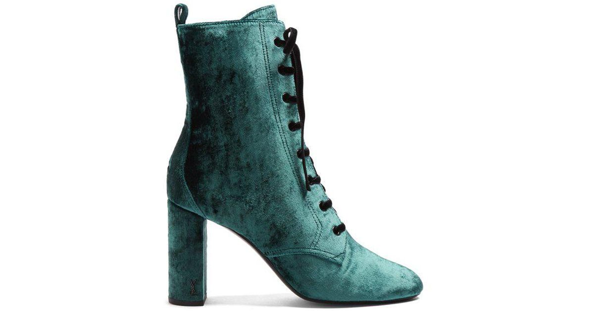 Saint Laurent Loulou Lace-up Crushed-velvet Ankle Boots in Green | Lyst
