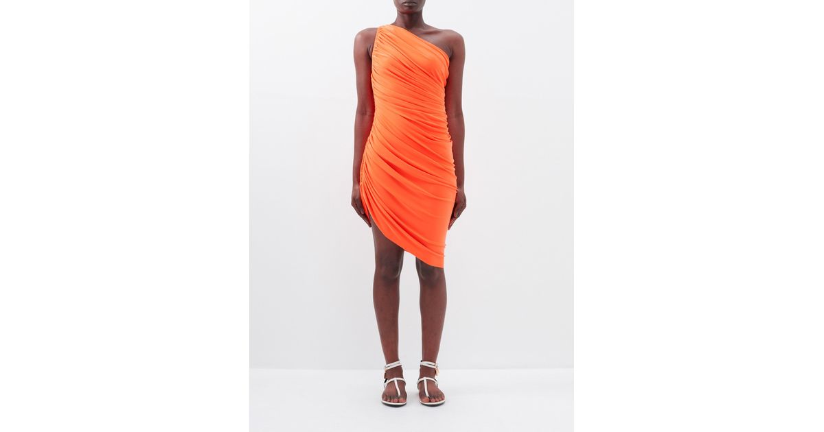 Norma Kamali Diana Asymmetric Ruched Mesh Dress in Orange | Lyst
