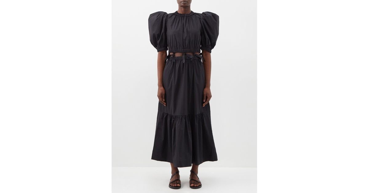 Sea Sloane Puff-sleeve Cutout Cotton Midi Dress in Black | Lyst