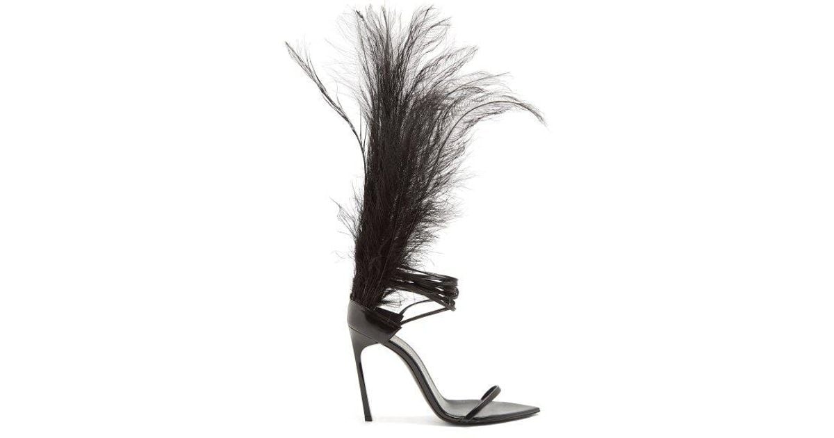 Saint Laurent Iris Ostrich Feather-trimmed Stiletto Sandals in Black | Lyst