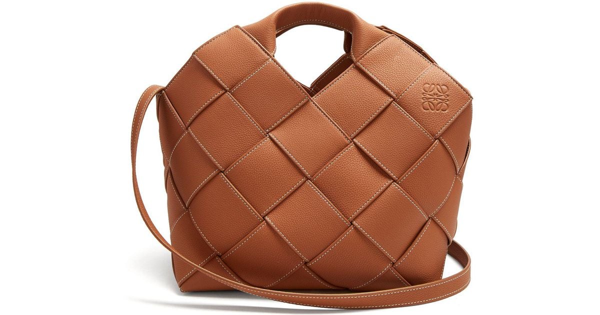 Loewe Leather Woven Basket Bag in Tan 