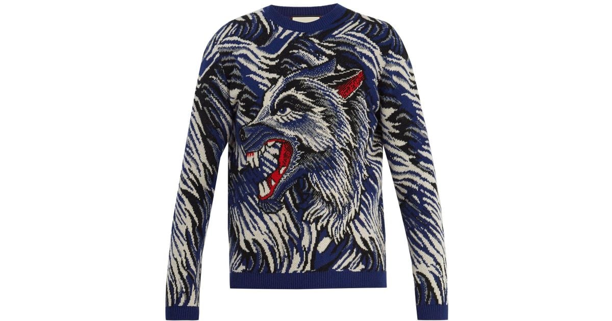Gucci Wolf Intarsia Knit Wool Sweater in Blue for Men | Lyst Canada