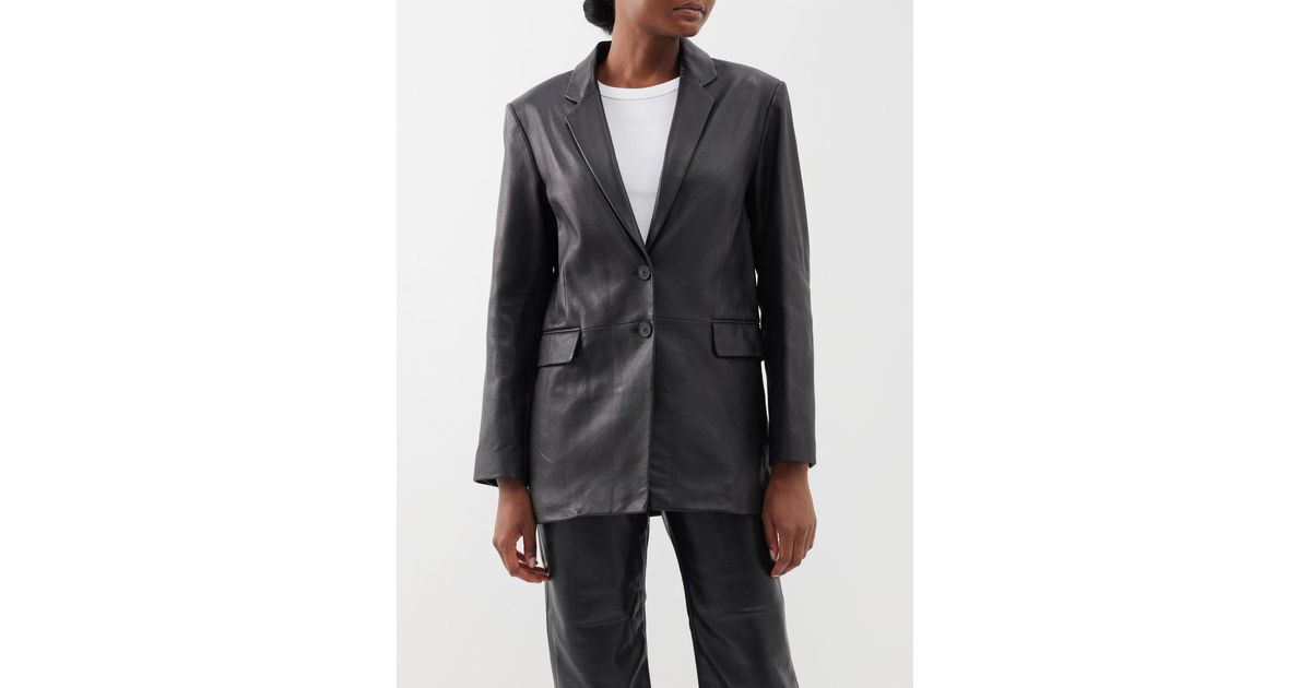 FRAME The Oversized Leather Blazer in Gray Lyst