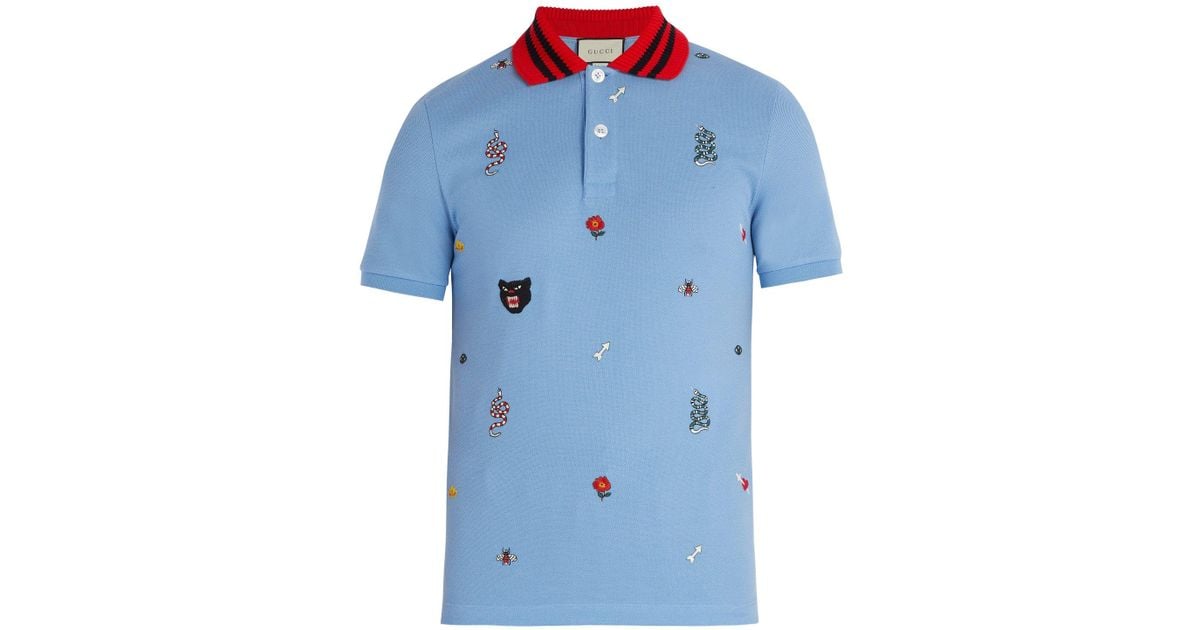 Gucci Embroidered Cotton Polo Shirt in Blue for Men | Lyst