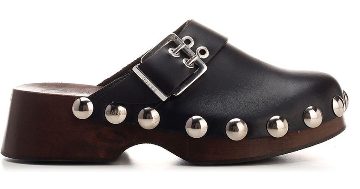 Ganni Studded Leather Clogs in Black | Lyst