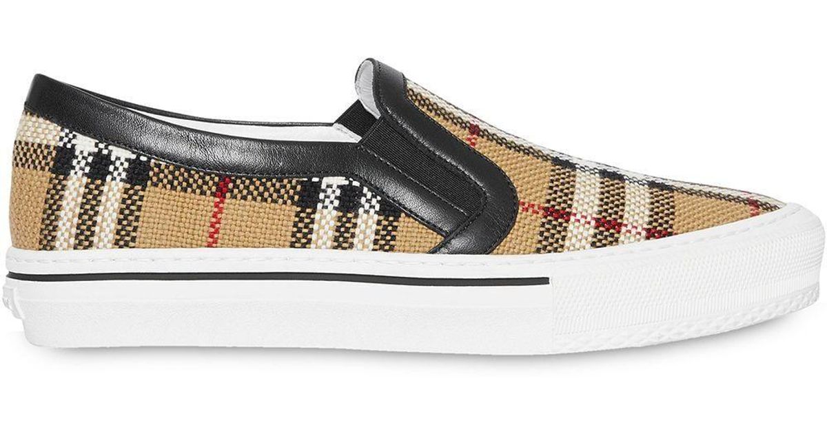 Burberry Leather Delaware Plaid Slip-on Sneakers in Beige (Natural) - Lyst