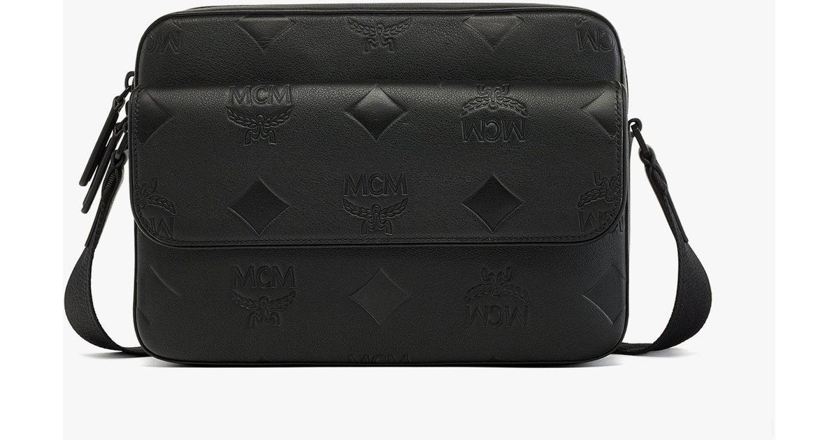 MCM Aren Messenger Bag In Maxi Monogram Leather in Black | Lyst