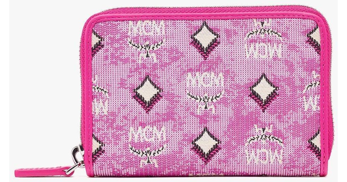 MCM Leather Aren Zip Around Wallet In Vintage Monogram Jacquard in Pink