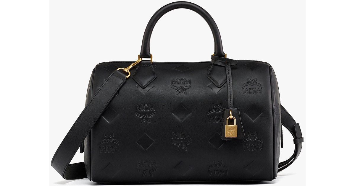 MCM Ella Boston Bag In Maxi Monogram Leather in Black Lyst