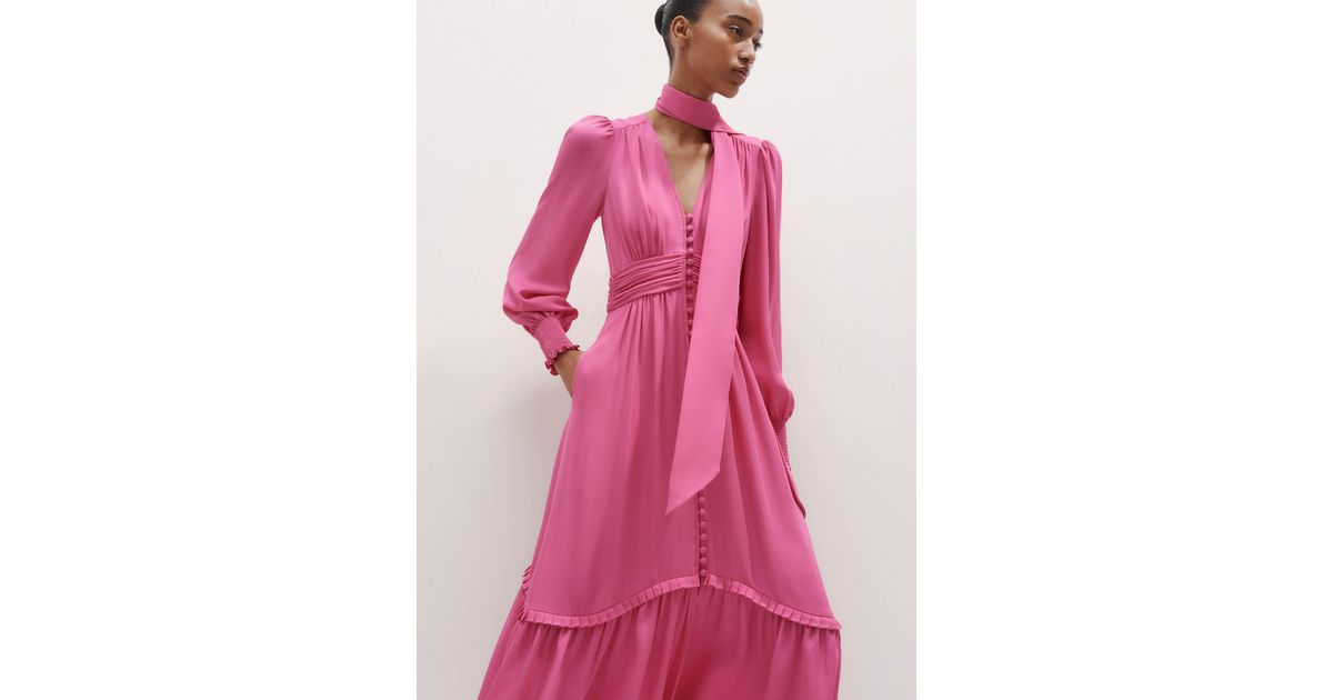 me and em pink silk dress Women's Silk Cotton Flower Print Midi Dress + Belt