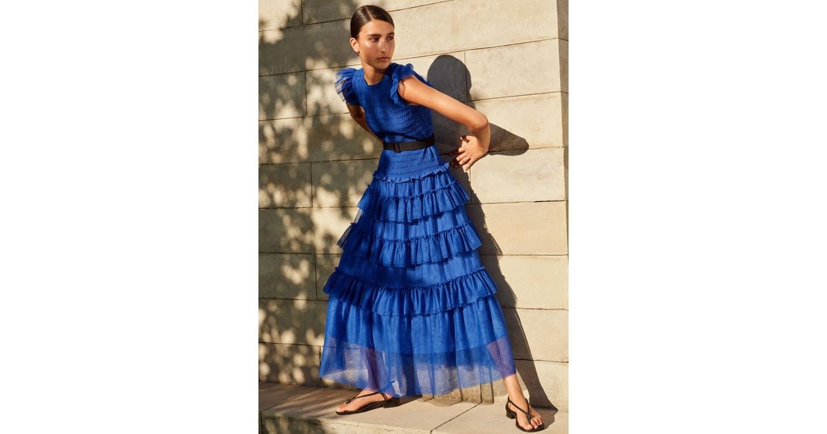 ME+EM Ethereal Tulle Shirred Maxi Dress + Belt in Blue | Lyst