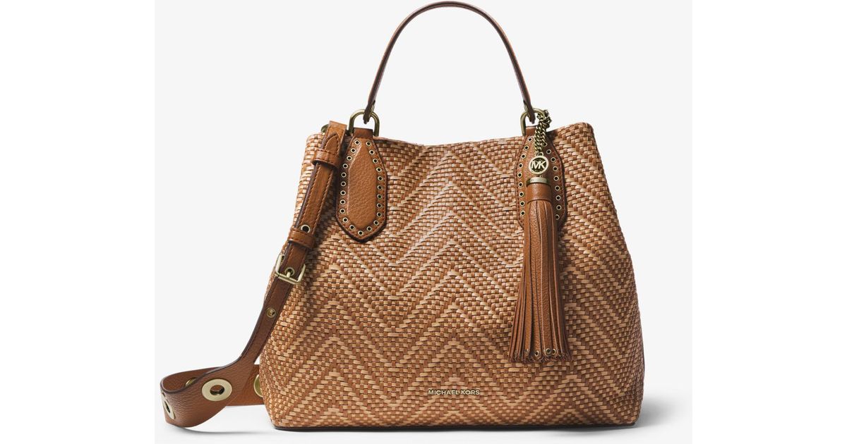 Large Woven Leather Satchel in Brown 