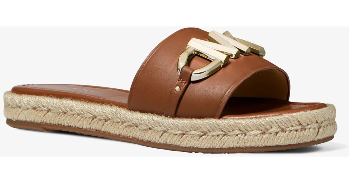 Michael Kors Izzy Logo Embellished Leather Slide Sandal in Brown 