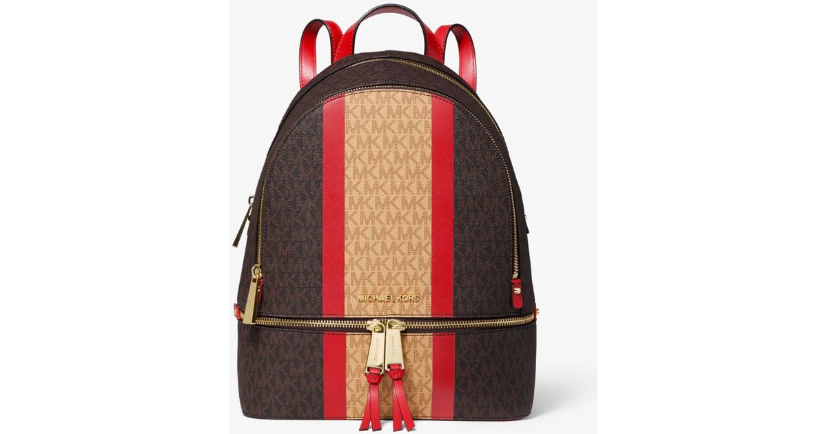 Michael Kors Rhea Medium Striped Logo And Leather Backpack in Red - Lyst