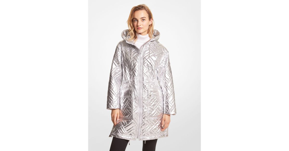 quilted ciré and faux shearling reversible puffer coat