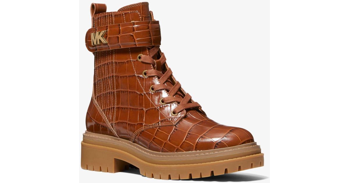 Michael Kors Stark Crocodile Embossed Leather Combat Boot in Chestnut ...