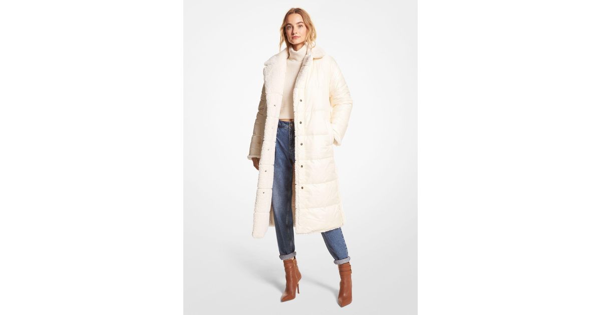 quilted ciré and faux shearling reversible puffer coat