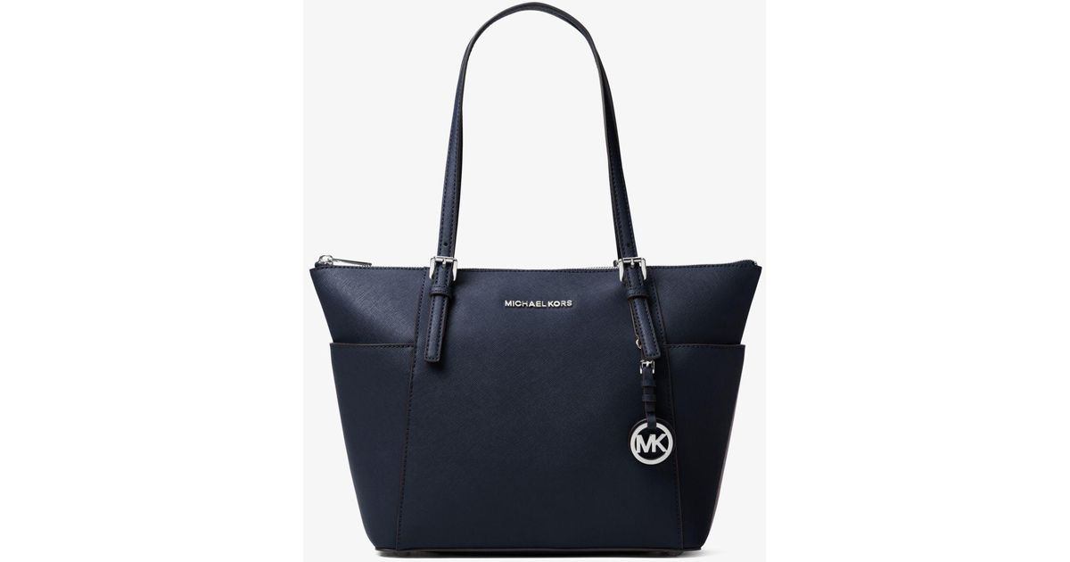 Mk borsa tote jet set grande in pelle saffiano con zip superiore - ghianda  (marrone) - michael kors - Stileo.it