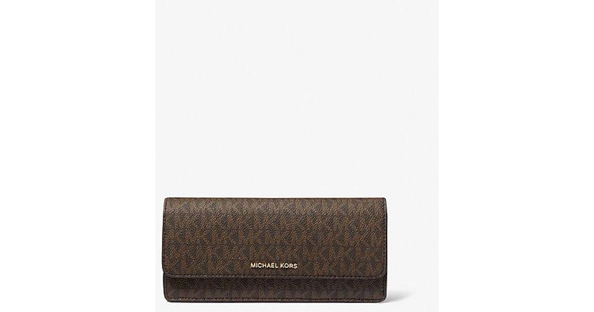 Michael Kors Jet Set Large Signature Logo Snap-Front Wallet in Brown | Lyst