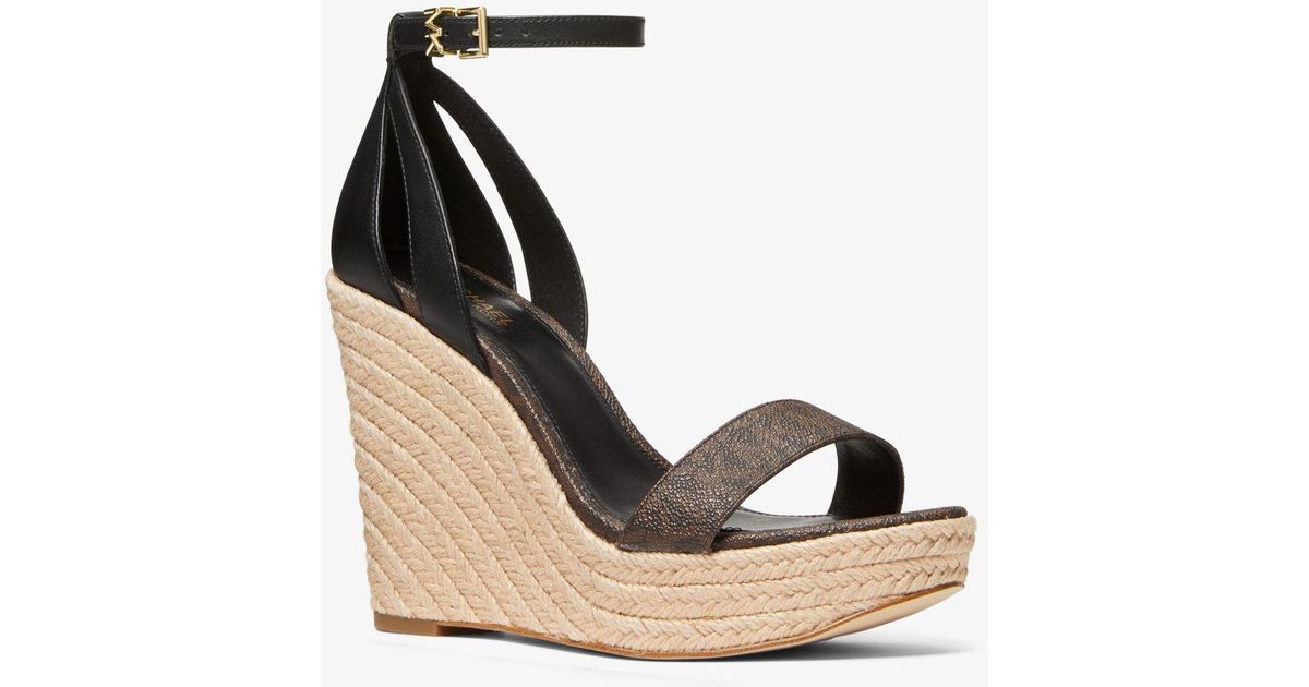Michael Kors Kimberly Logo And Leather Wedge Sandal in Brown | Lyst