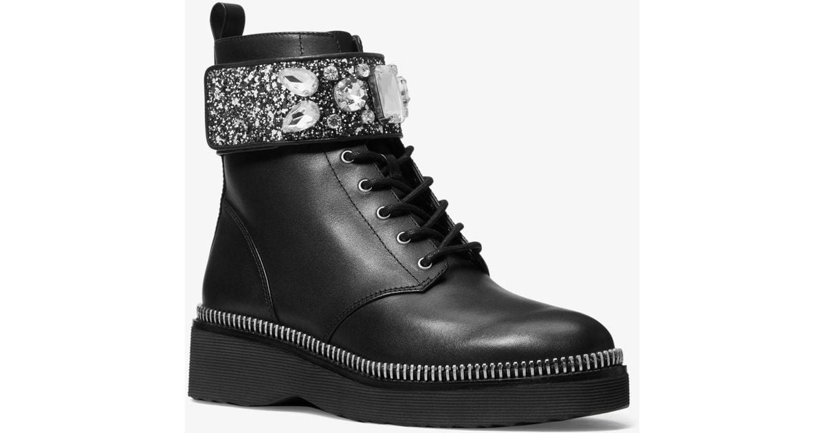 haskell crinkled leather and metallic bouclé combat boot