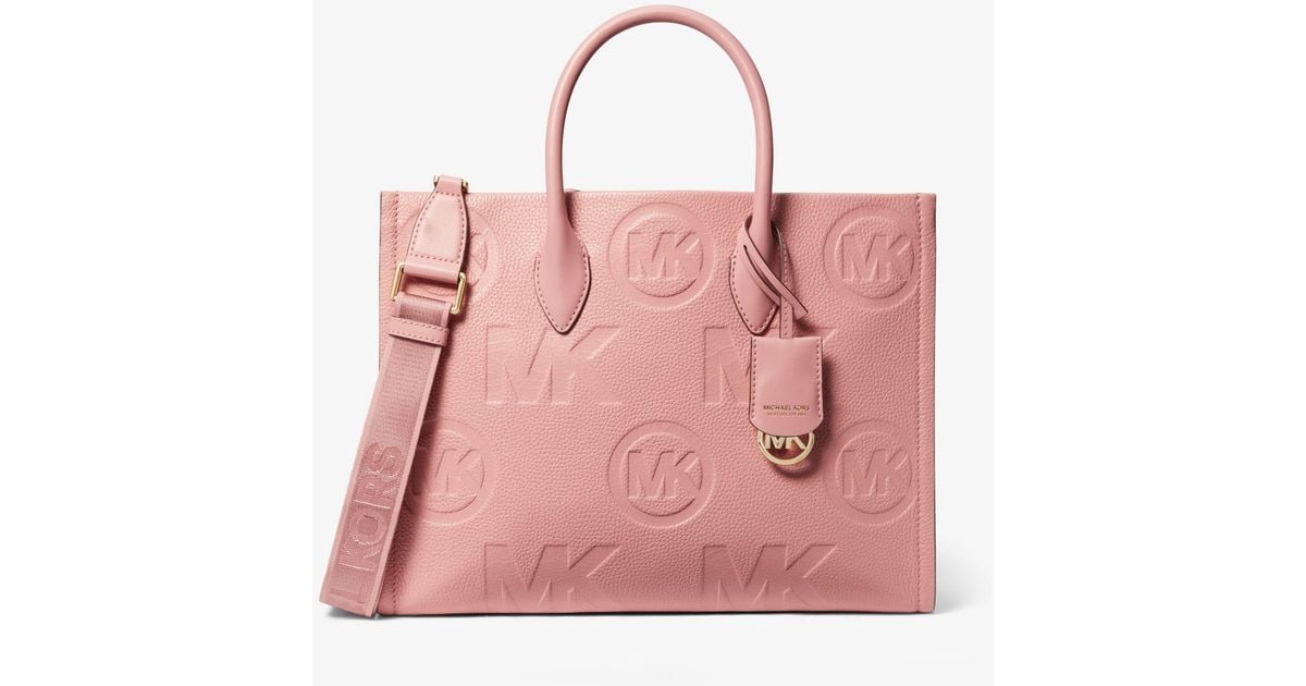 Michael Kors Mirella Medium Logo Embossed Pebbled Leather Tote Bag in