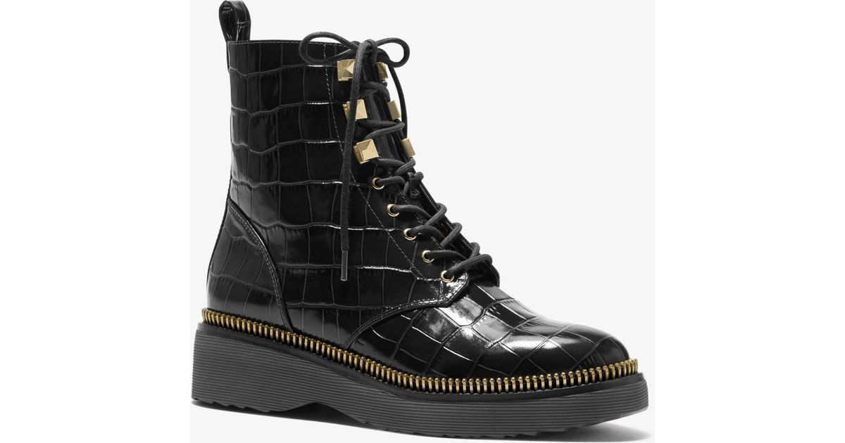 Michael Kors Haskell Crocodile Embossed Leather Combat Boot in Black | Lyst