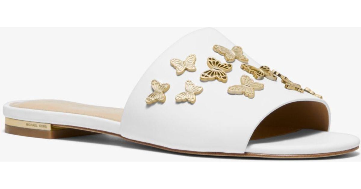 lacey butterfly embellished leather slide sandal