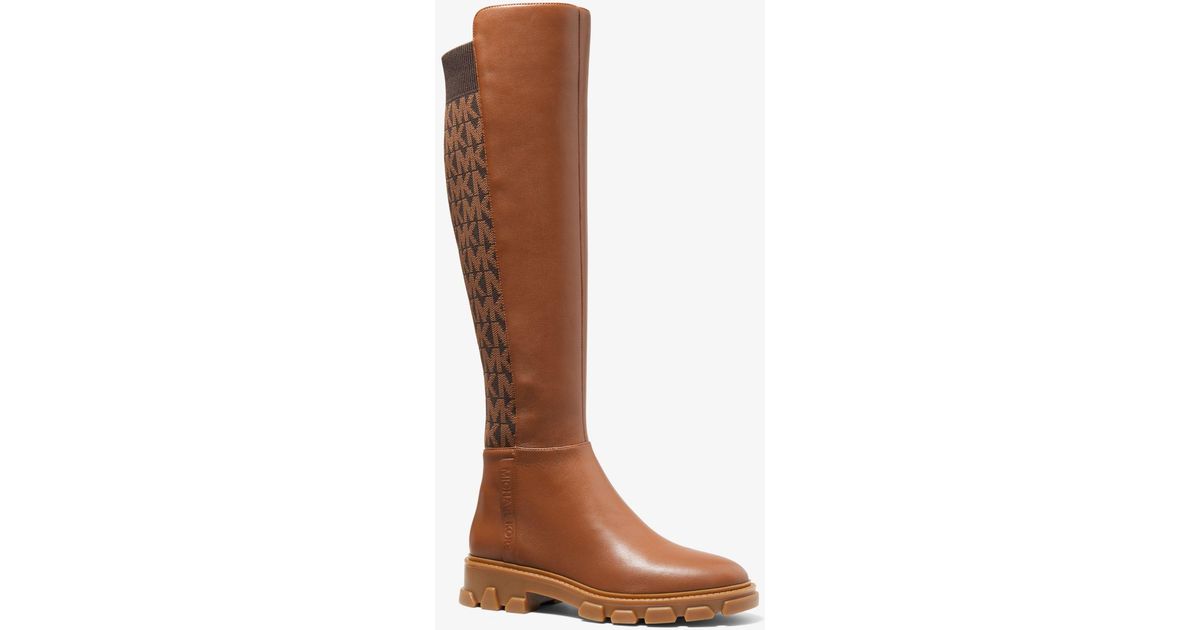 Michael Kors Ridley Leather And Logo Jacquard Knee Boot in Brown Lyst