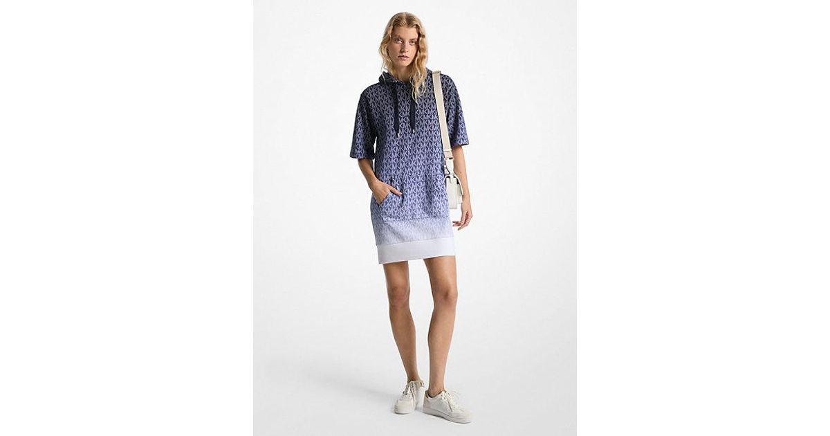 ombré signature logo cotton terry hoodie dress Michael Kors Ombré Signature Logo Cotton Terry Hoodie Dress in Blue
