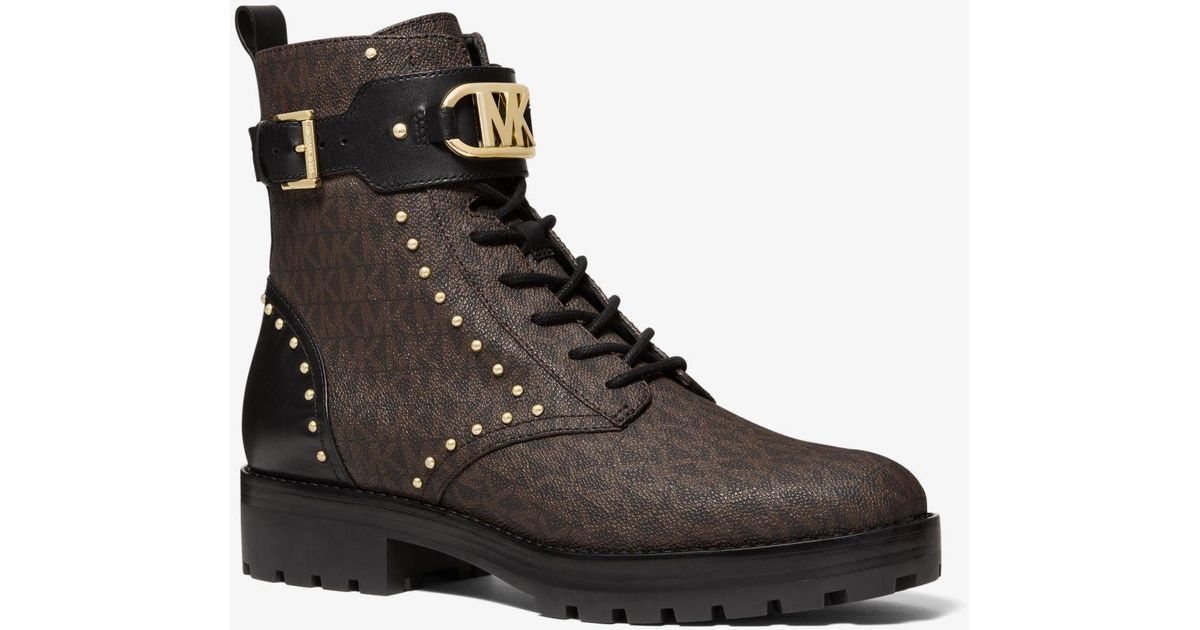 Michael Kors Leather Kincaid Logo Studded Combat Boot in Brown | Lyst ...