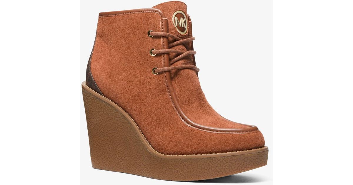 Michael Kors Brown Rye Suede And Logo Wedge Boot