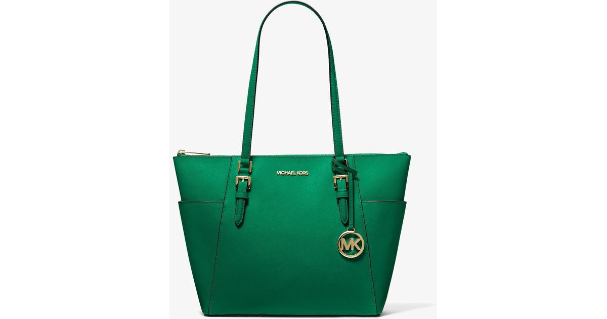 Michael Kors Charlotte Large Saffiano Leather Topzip Tote Bag in Green