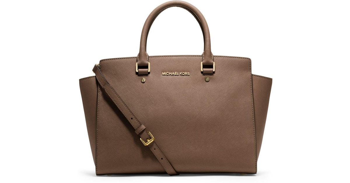 Michael Kors Selma Large Saffiano Leather Satchel in Brown | Lyst