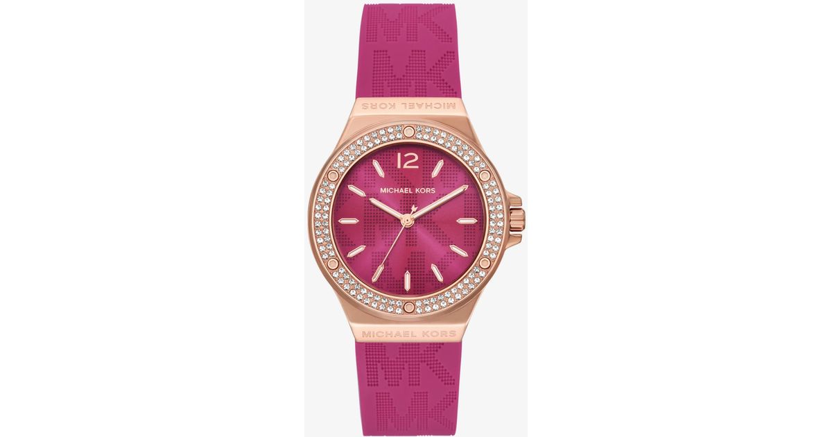 Michael Kors Lennox Pavé-Tone And Logo Silicone Strap Watch in Pink | Lyst
