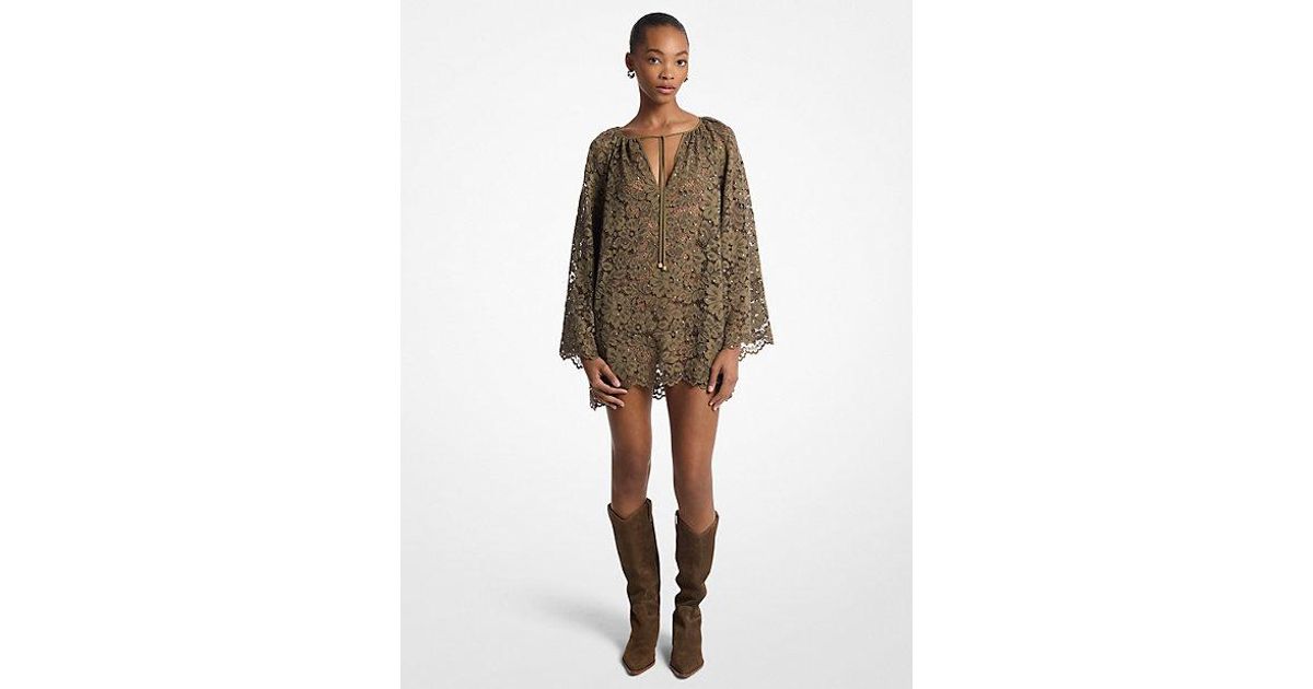 Michael Kors Mk Studded Corded Floral Lace V-Neck Dress in Natural | Lyst
