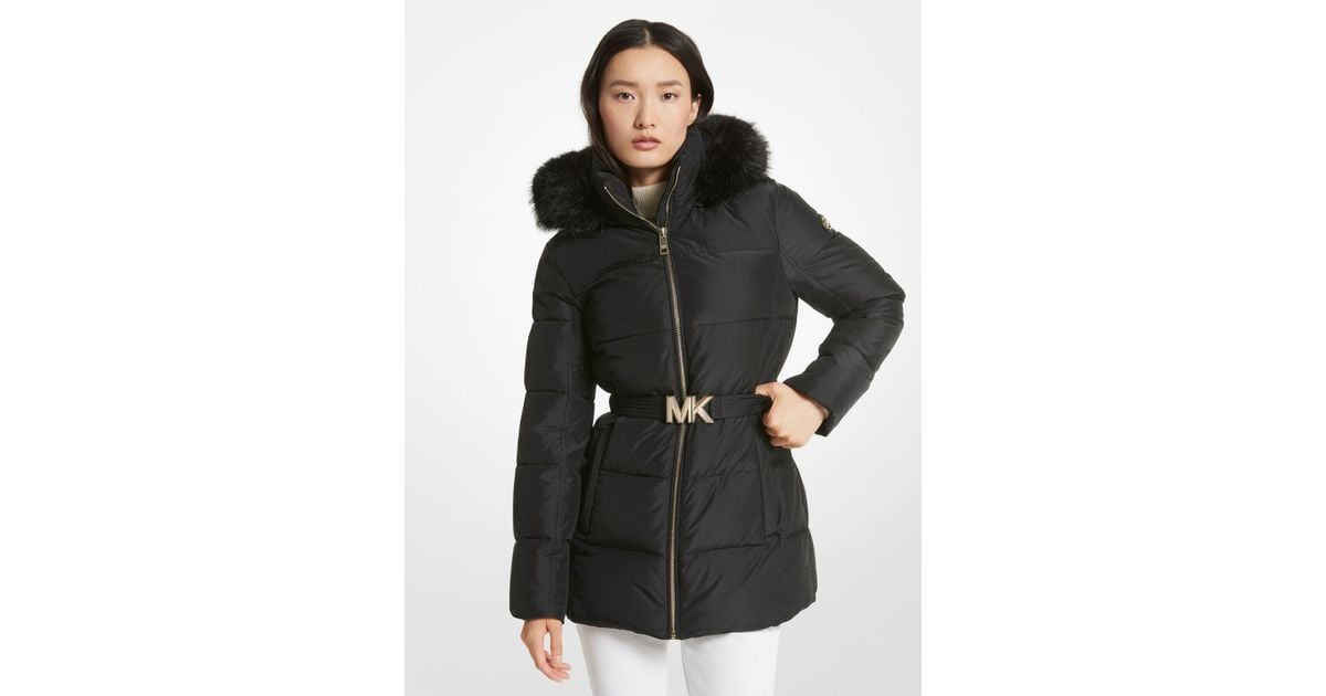 Michael kors faux fur 2024 hooded belted down puffer coat