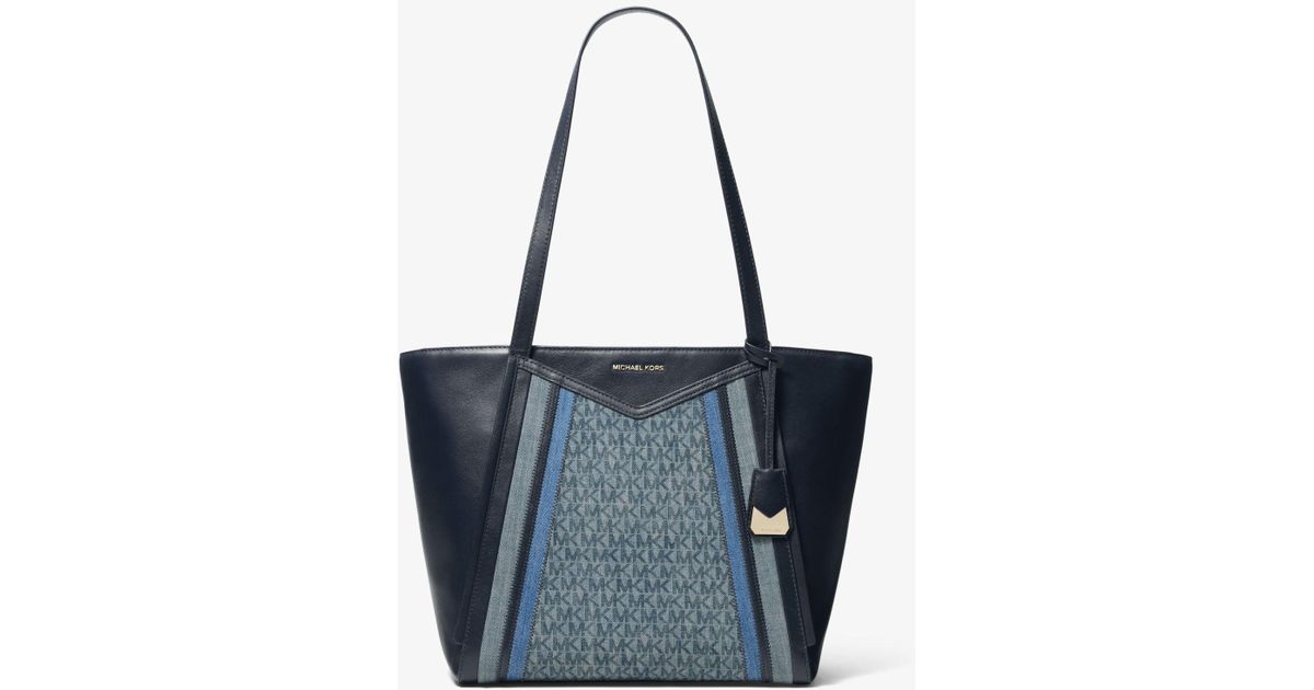whitney large denim logo and leather tote