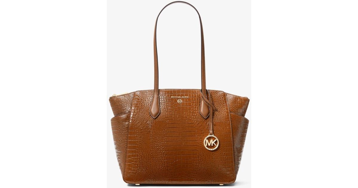 Michael Kors Marilyn Medium Crocodile Embossed Leather Tote Bag in Brown