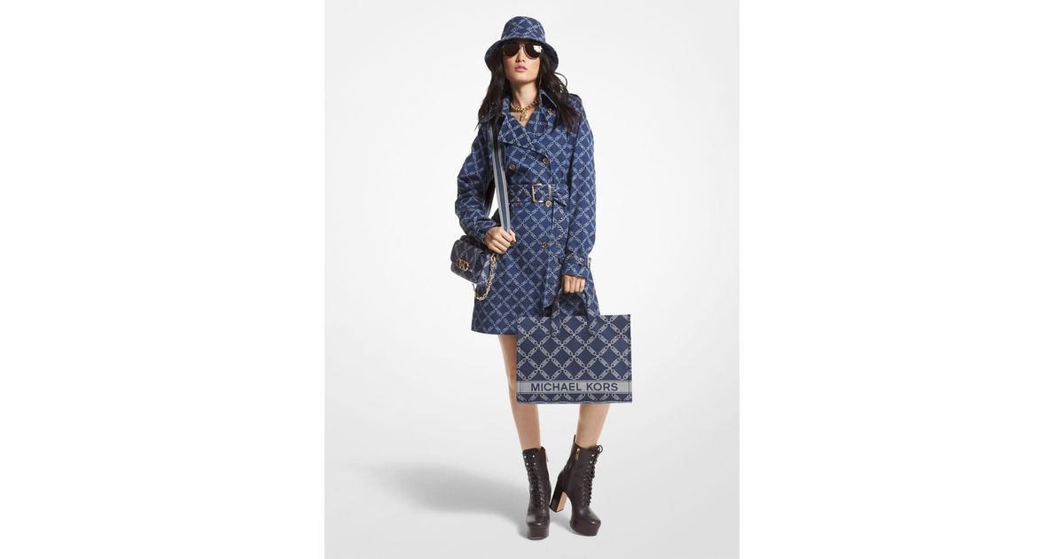 Michael Kors Empire Logo Jacquard Denim Trench Coat in Blue