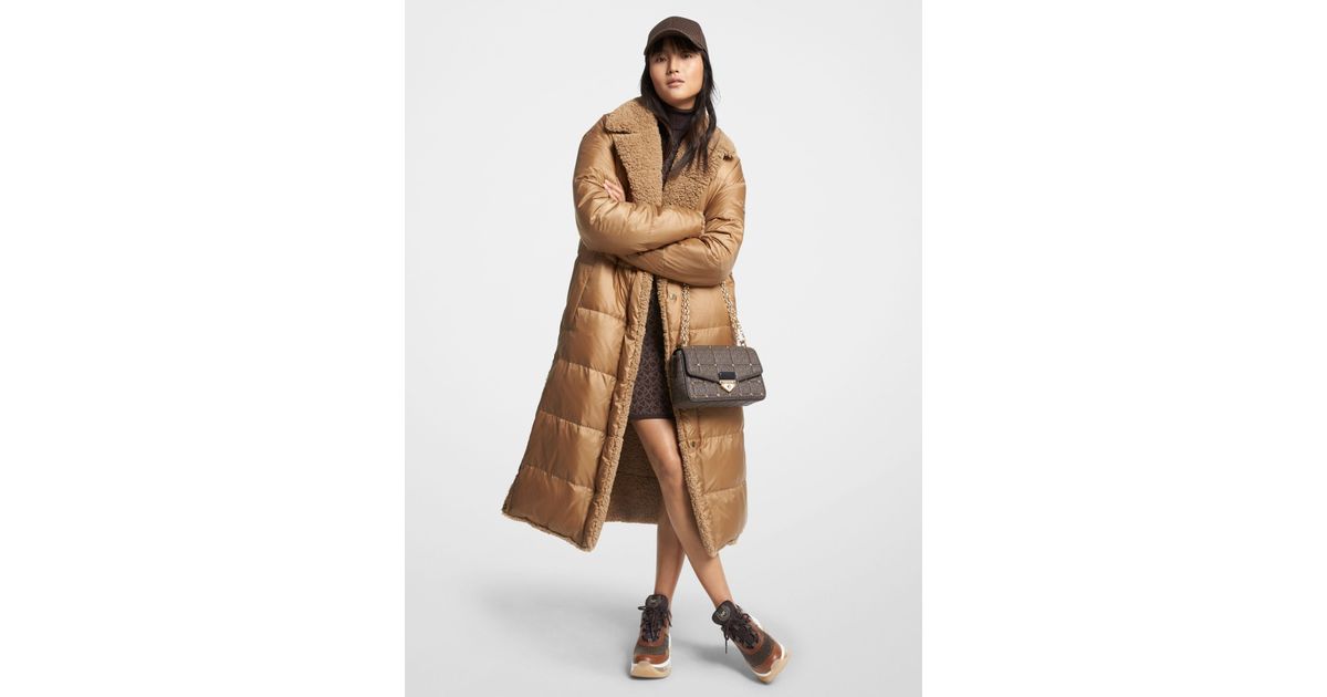 quilted ciré and faux shearling reversible puffer coat