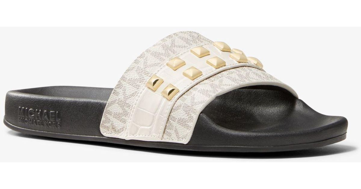 Michael Kors Brandy Studded Logo And Embossed Leather Slide Sandal Lyst