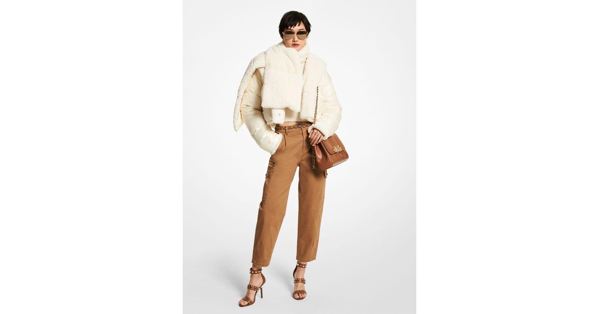 quilted ciré and faux shearling reversible puffer coat