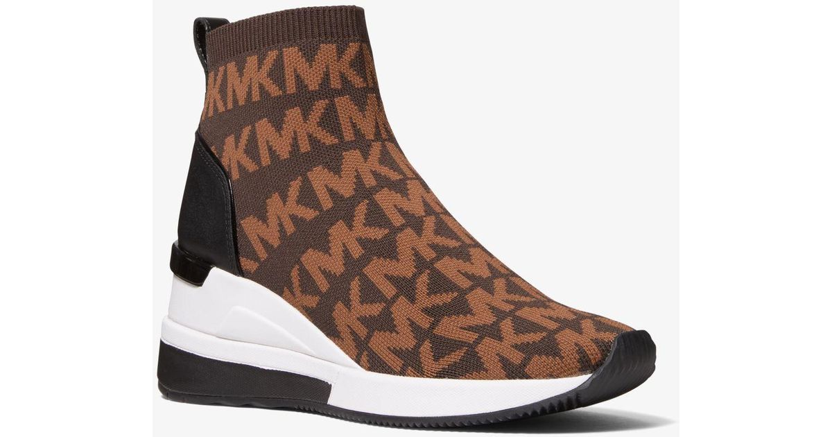 Michael Kors Leather Skyler Logo Stretch Knit Sock Sneaker in Chocolate