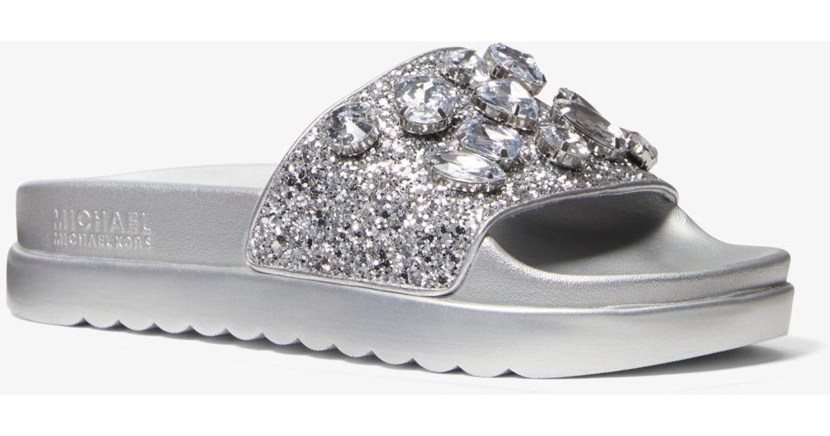 Michael Kors Tyra Jewel Embellished Glitter Slide Sandal in Metallic | Lyst