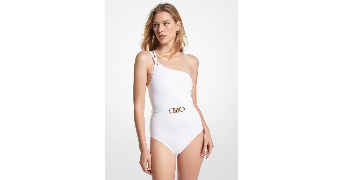 Michael Kors Stretch Nylon Belted One-shoulder Swimsuit in White | Lyst