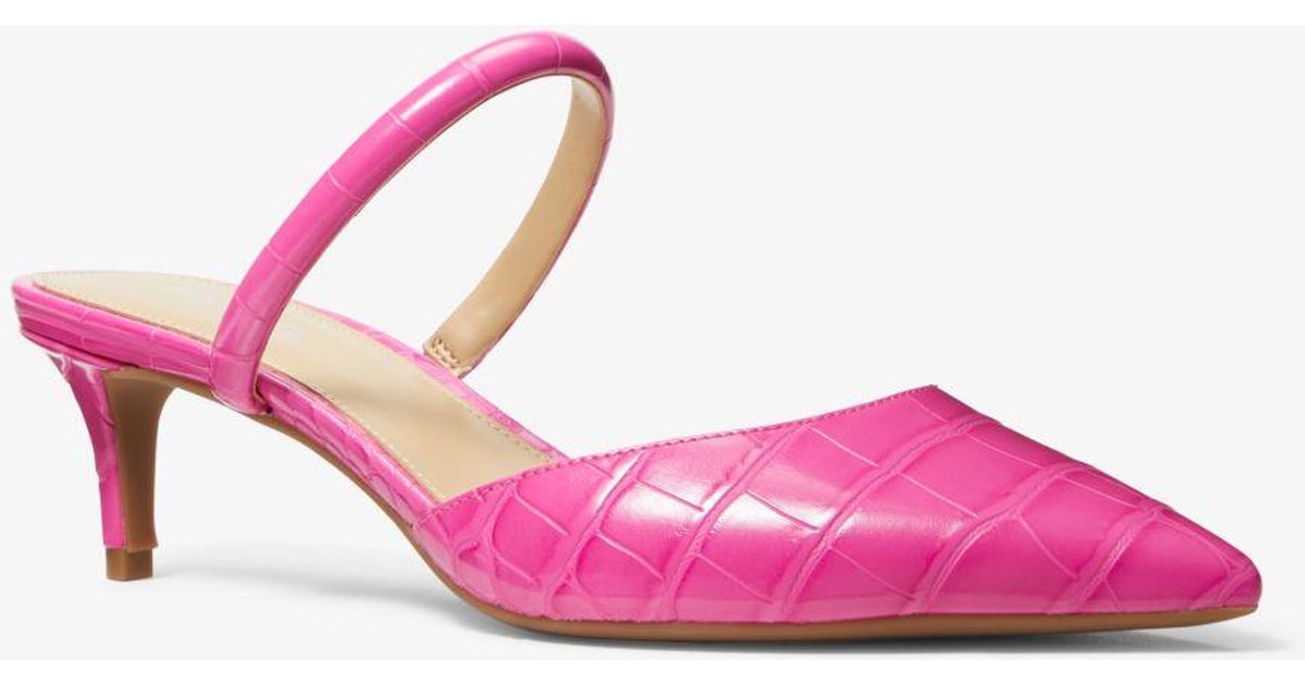 Michael Kors Jessa Flex Crocodile Embossed Leather Kitten Mule in Pink