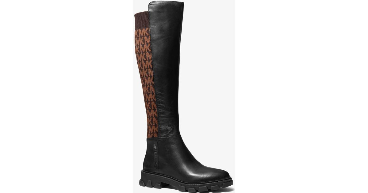 Michael Kors Ridley Leather And Logo Jacquard Knee Boot in Brown 