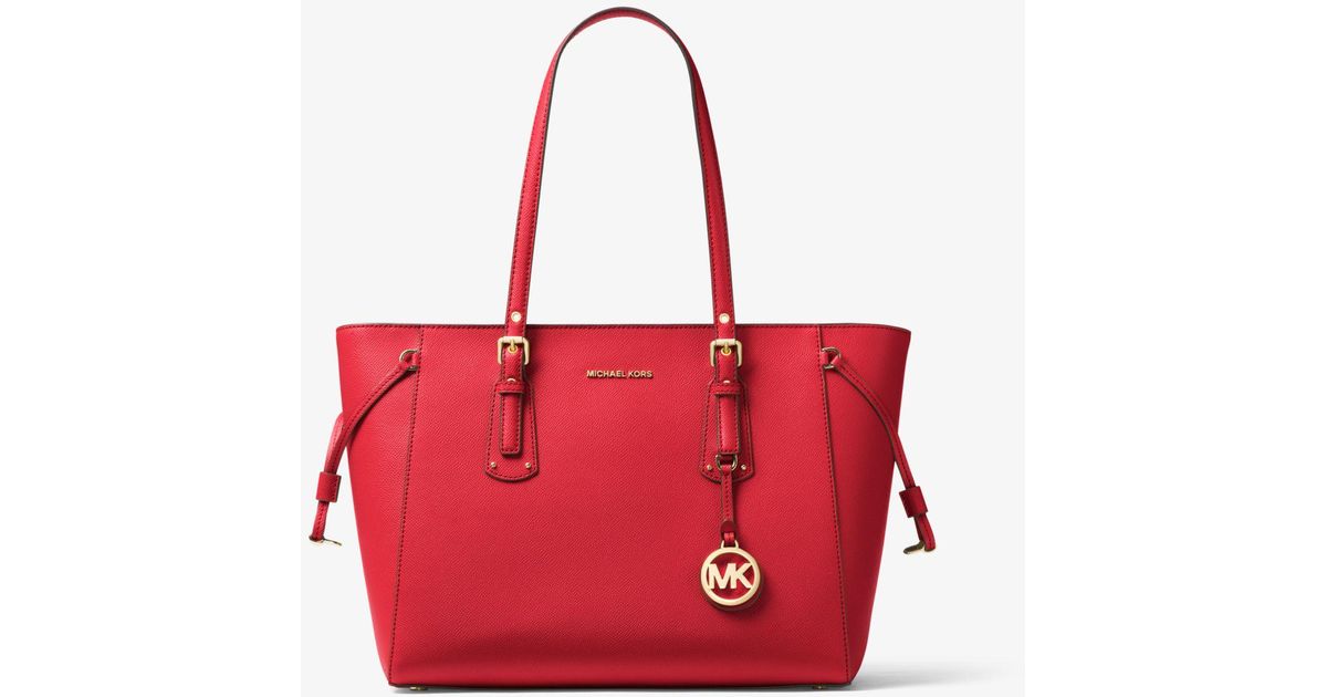 Michael Kors Voyager Medium Crossgrain Leather Tote Bag in Crimson (Red ...